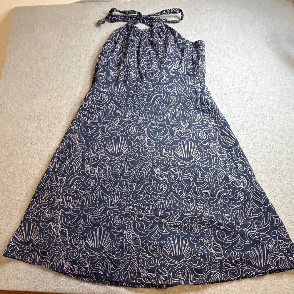 Vineyard Vines Navy Blue Embroidered Sea Shell Halter Dress Womens 10 Nautical - Picture 1 of 6